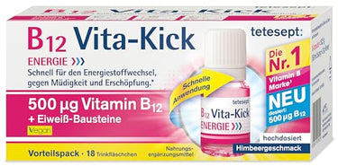tetesept B12 Vita-Kick Trinkampullen – Nahrungsergänzungsmittel für den Energiestoffwechsel, gegen Müdigkeit und Erschöpfung - hochdosierte Vitamin B12 Ampullen, 1 Vorratspackung à 18 Trinkfläschchen im Sale